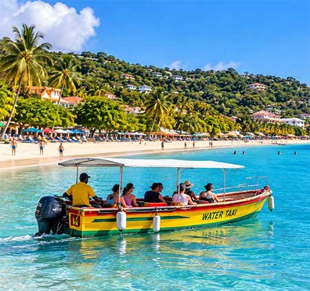 Illustration of a Grenadian water taxi at Grand Anse Beach